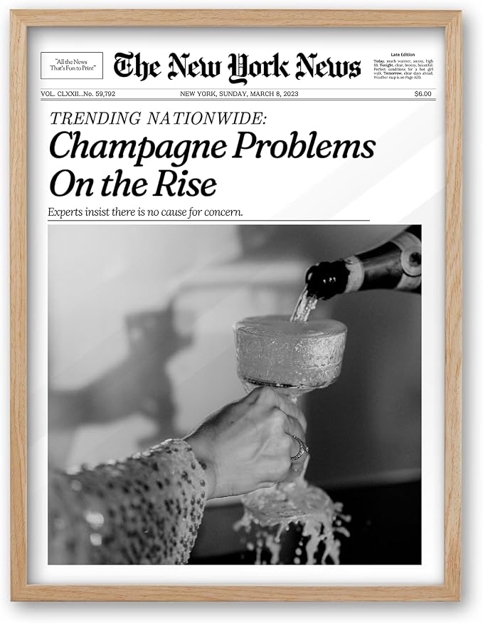 iHery 8x10in Champagne Problems on the Rise Framed Newspaper Art | Natural OAK by iHery