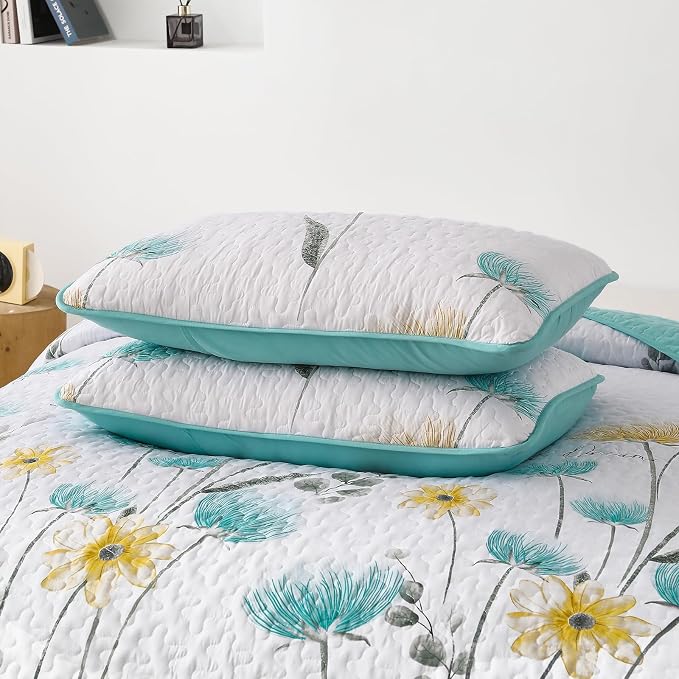 Dinjoy Aqua Quilt Set King, 3 Pieces Boho Floral Bedspreads, Fall Bedding | - Image 8