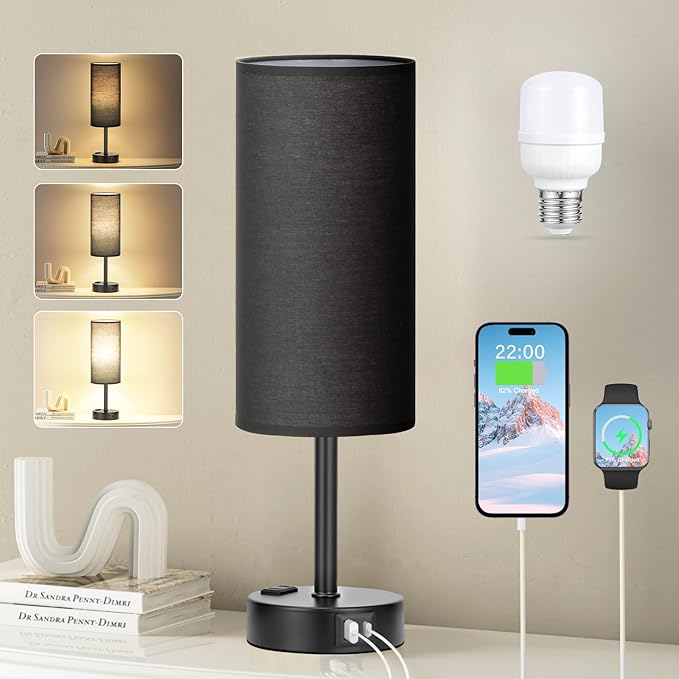 Black Bedside Lamp for Bedroom, Dimmable Touch, USB A+C, AC Outlet | 3-Way by Fenmzeelighting