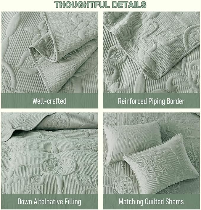 Sage Green Damask Quilt California Cal King Size Bedding Sets - Image 6