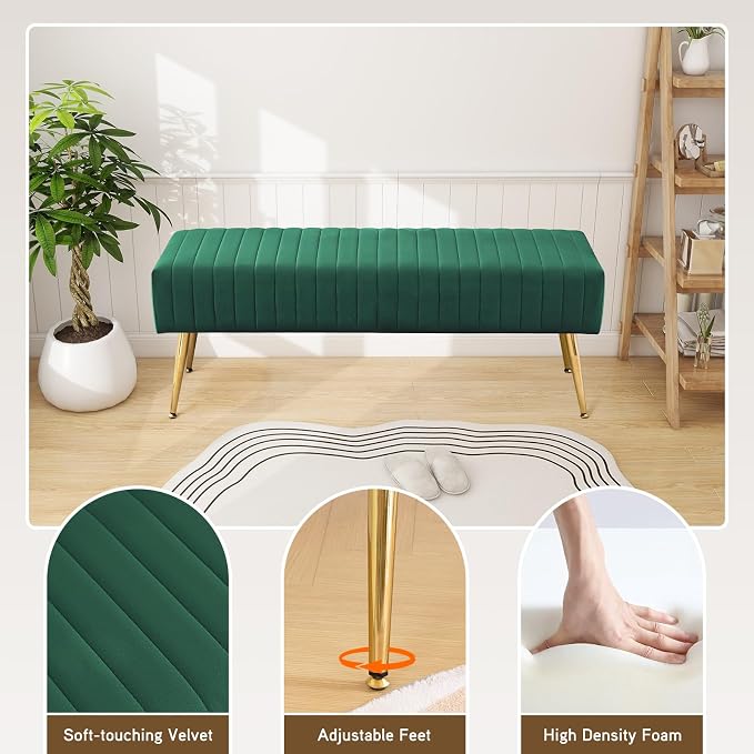 Furnimart 44 Inch Green Velvet Bench Ottoman Comfortable Footrest Stool Table - Image 6