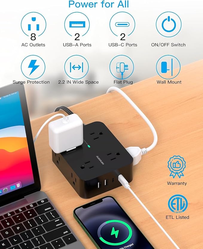 Power Strip Surge Protector, 5Ft Flat Extension Cord - Image 3