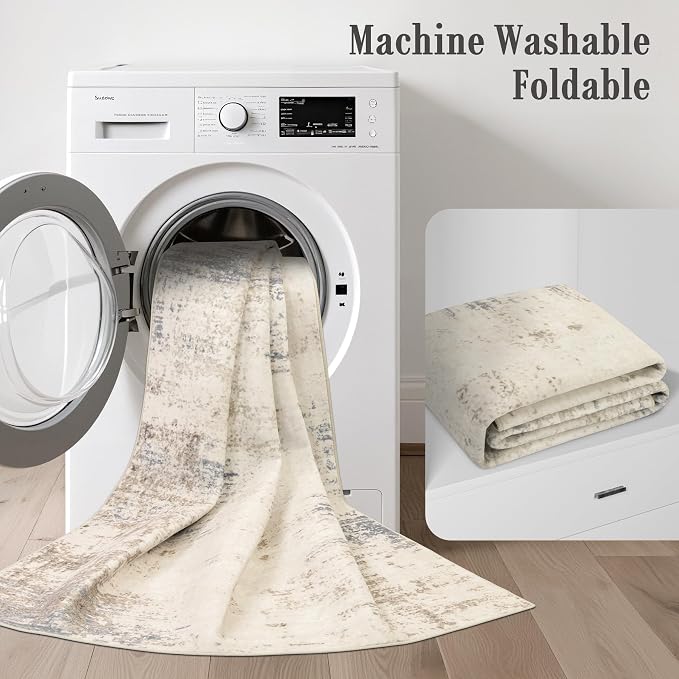 2x3 Washable Entryway Rug: Modern Abstract Soft Carpet Beige Brown | - Image 6