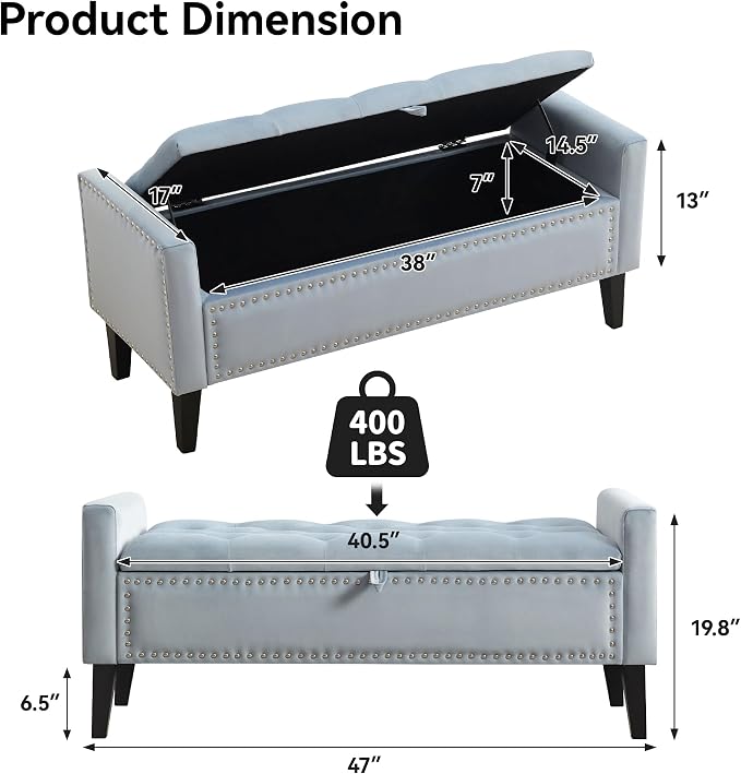 WUTUTUEE 47" Velvet Storage Bench, Upholstered Bed Bench - Image 2