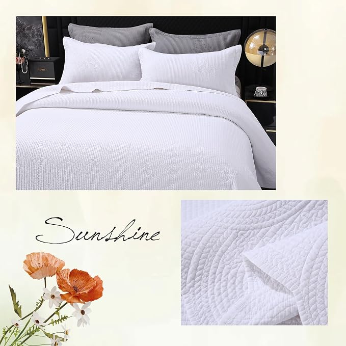 ROOMLIFE Quilt Set King Size 3D Floral Embroidery Pattern 3-Piece Cotton - Image 8
