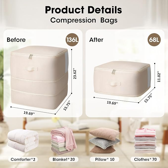 2 Pack Comforter Storage Bag, 136L Blanket Storage Bags Self Compression - Image 2