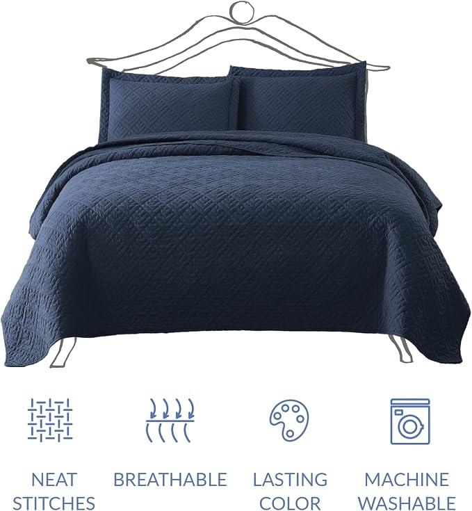 EXQ Home Quilt Set Queen Size Summer Squares Pattern Navy Bedspread | Bedding - Image 3