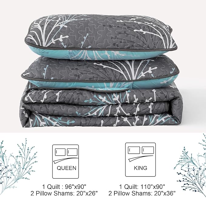 DJY King Size Quilt Set Grey Blue Reversible Bedspread Coverlet Set | 3 Piece - Image 8