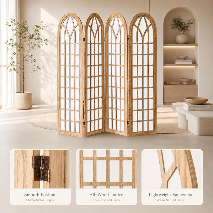 4 Panel Shoji Room Divider Folding Privacy Screen Light Brown | Freestanding - Image 3