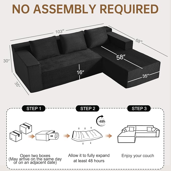 Nigoone 103" Cloud Sectional Sofa, Boneless L-Shape Couch - Image 2