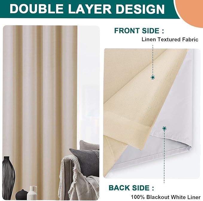 Diraysid 100% Blackout Curtains Beige Linen Curtains - Image 6
