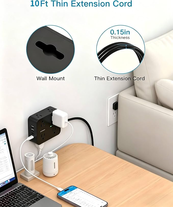 10 Ft Power Strip Flat Plug, Extension Cord Surge Protector, Flat Wall Plug | 8 - Image 7