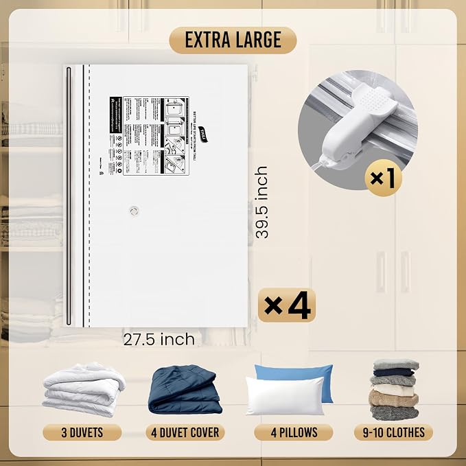 TAILI 4 Pack Vacuum Storage Bags, Jumbo LONG SIDE ZIP, Space Saver - Image 3