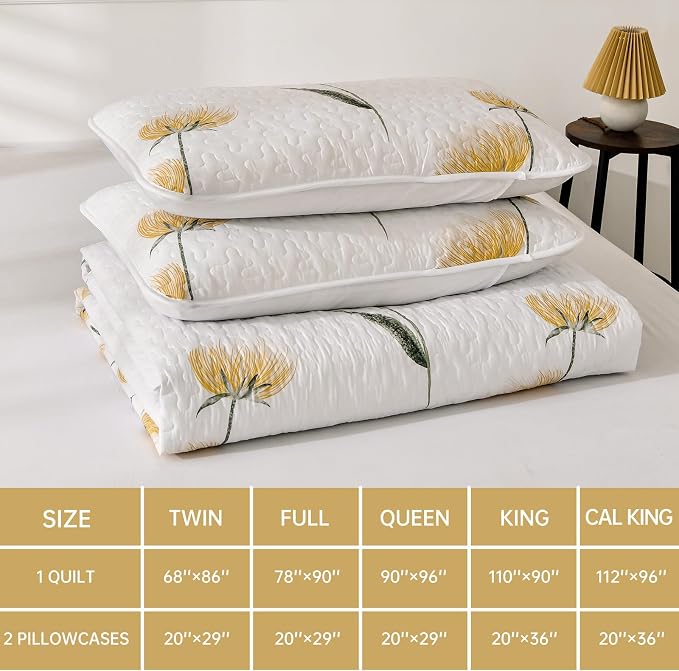 Dinjoy Twin Quilt Set, 2 Pieces Yellow Floral Bedspread Bedding Set | Mustard - Image 6