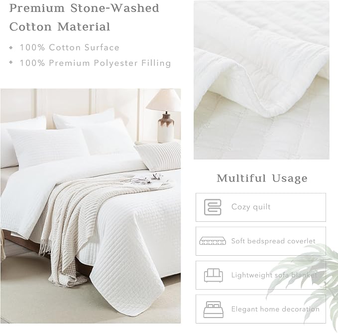 CozyTide Oversized King Bedspread 118"x106", Stone-Washed Cotton White - Image 4
