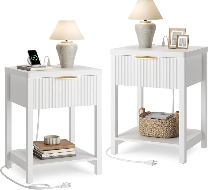 Night Stand Set 2, Fluted Wood Nightstands w/Charging Station by Lulive