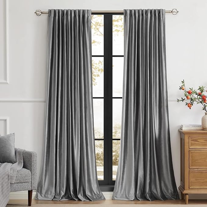 PRIMROSE Dark Grey Velvet Curtains 120 inch Long by PRIMROSE
