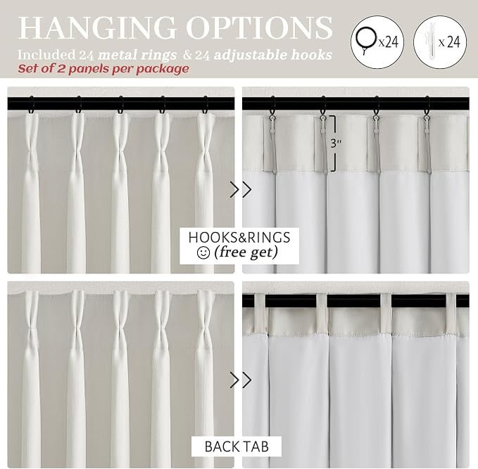 Beige White 70 Inch Extra Wide Blackout Curtains 84 Inch Long 2 Panels Set - Image 6