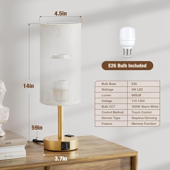 Gold Touch Bedside Lamp for Bedroom, Stepless Dimmable, USB A+C, AC Outlet | - Image 6