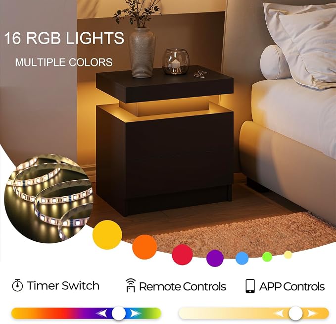 Modern Black LED Nightstand for Bedroom Bedside Table - Image 5