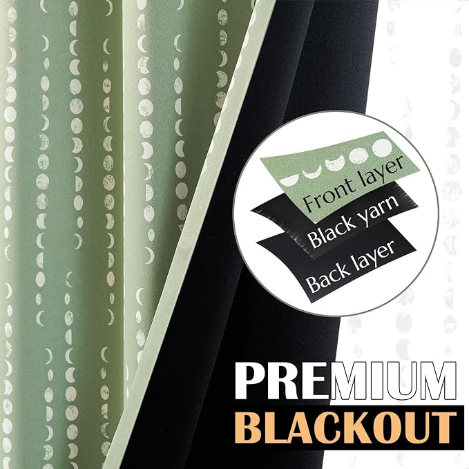 jinchan Boho Blackout Curtains 90 Inches Long Moon Phase Printed Drapes | Sage - Image 3