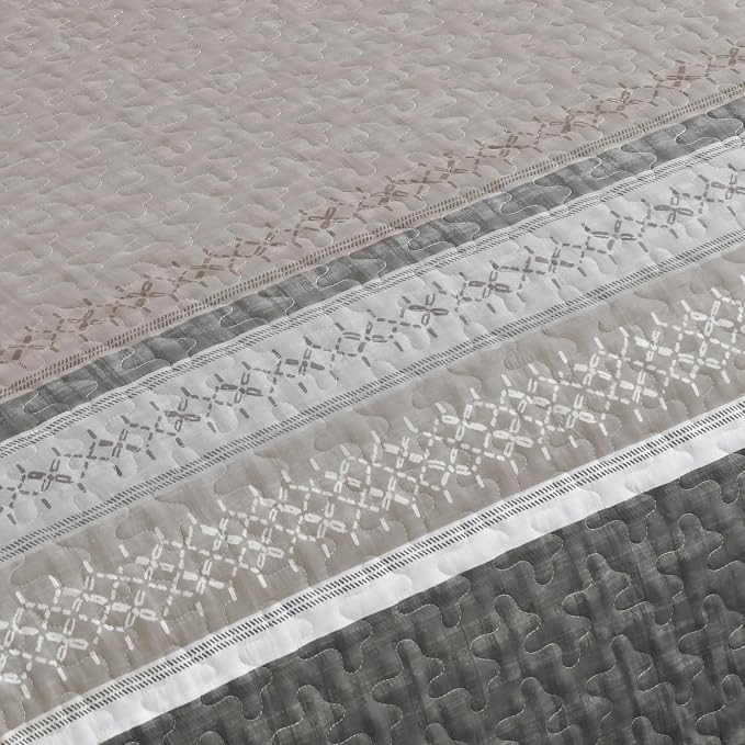 Cottolester Quilt Set Queen, Taupe Grey Striped Patchwork Bedspread | Modern - Image 9