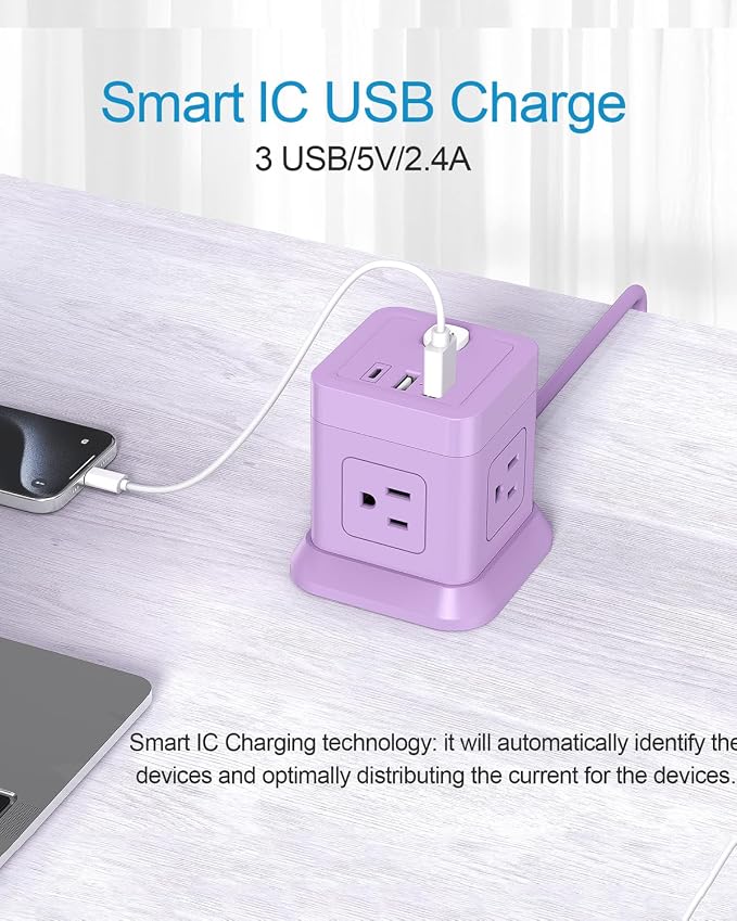 FDTEK Cube Power Strip USB C, 4 Outlets 3 USB 10 FT Extension Cord Purple | - Image 5