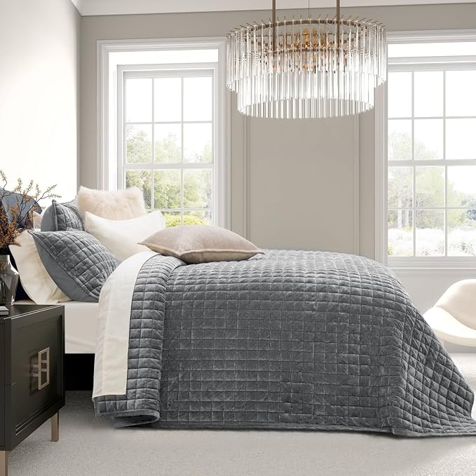RECYCO Channel Box Stitch Velvet Quilt Set, King Size, Luxury Oversized - Image 3