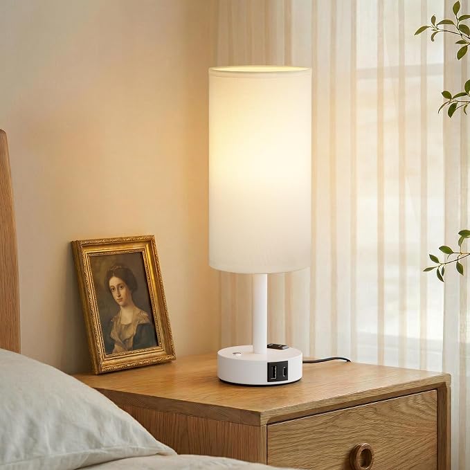 White Touch Bedside Lamp for Bedroom, Stepless Dimmable, USB A+C, AC Outlet | by Aooshine