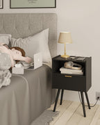 Black Nightstand with Outlet, Modern Bedside Table with Storage Drawer and Open - Image 3