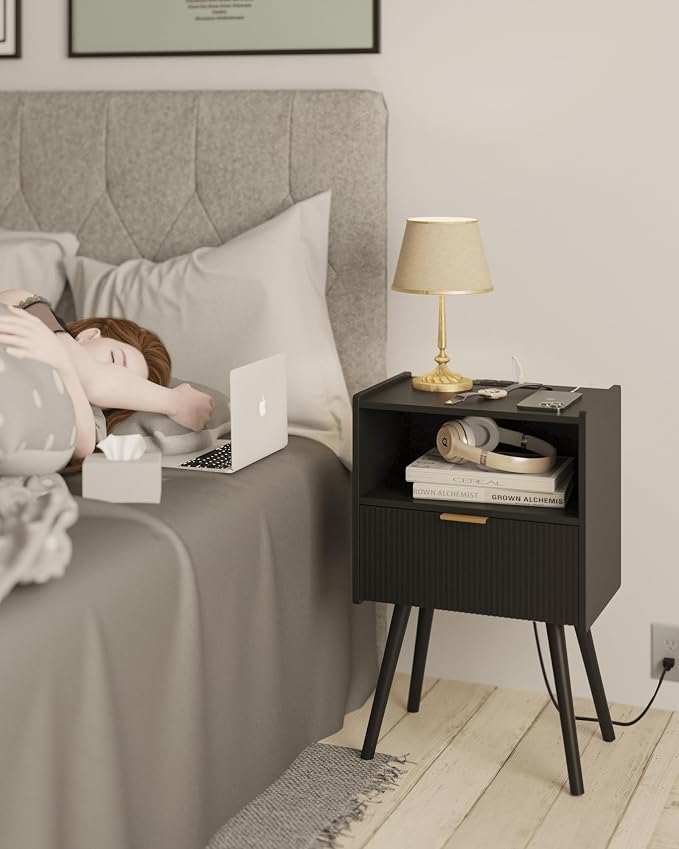 Black Nightstand with Outlet, Modern Bedside Table with Storage Drawer and Open - Image 3