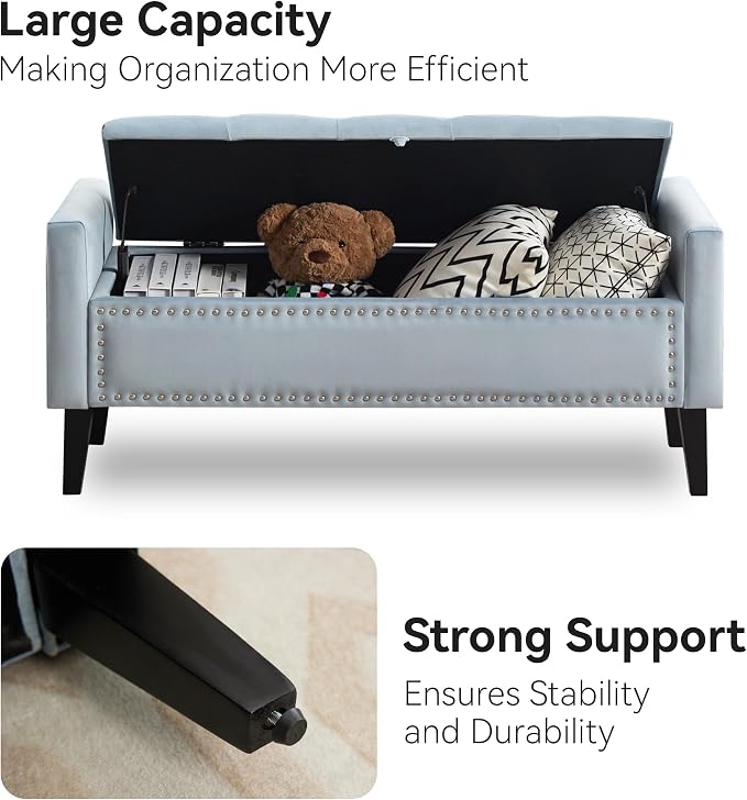 WUTUTUEE 47" Velvet Storage Bench, Upholstered Bed Bench - Image 5