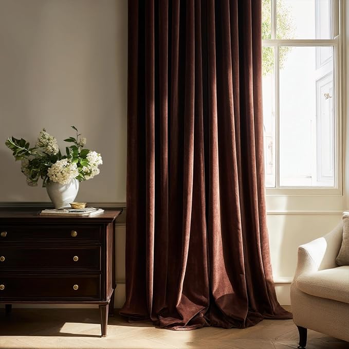 92 Inch Long Dark Brown Velvet Blackout Curtains - Image 2