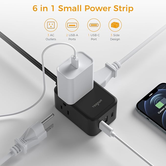 TESSAN Small Flat Plug Power Strip, Ultra Thin Extension Cord 5 ft, Wall Outlet - Image 3