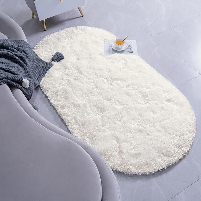 Goideal Fluffy Bedroom Rug, Small Oval Area Rugs, Cream Shag Bedside Carpet - Image 3