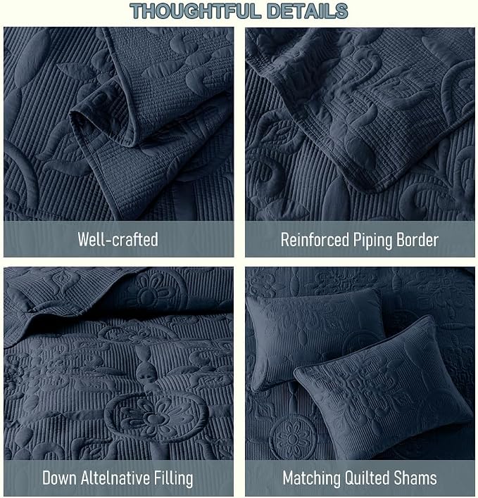 B2EVER Navy Blue Damask Quilt King Size Bedding Sets - Image 6