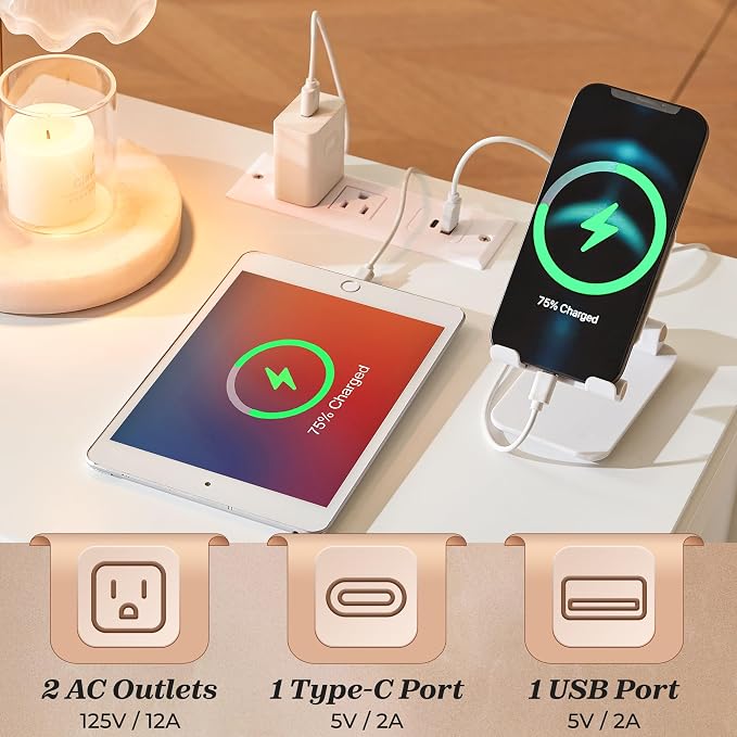Huuger Nightstand with Charging Station, Bedside Table with Storage, Modern - Image 3