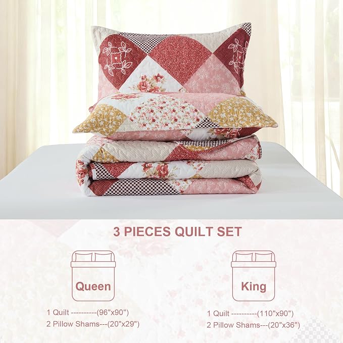 Dinjoy Boho Quilt Set King Size, Patchwork Floral Bedspreads, Romantic Red | - Image 10