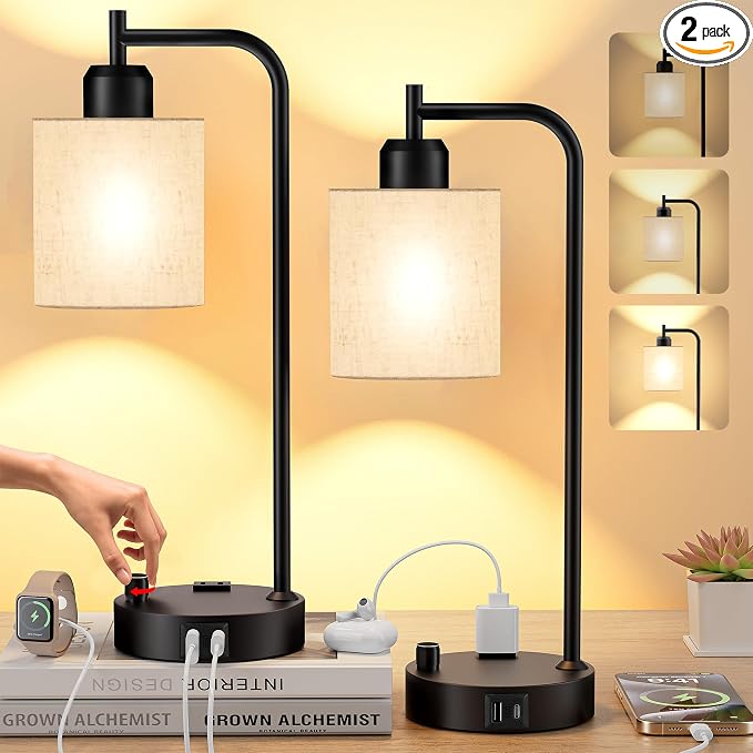 Industrial Table Lamps with Linen Shade, 2 LED Bulbs Included by SIBRILLE