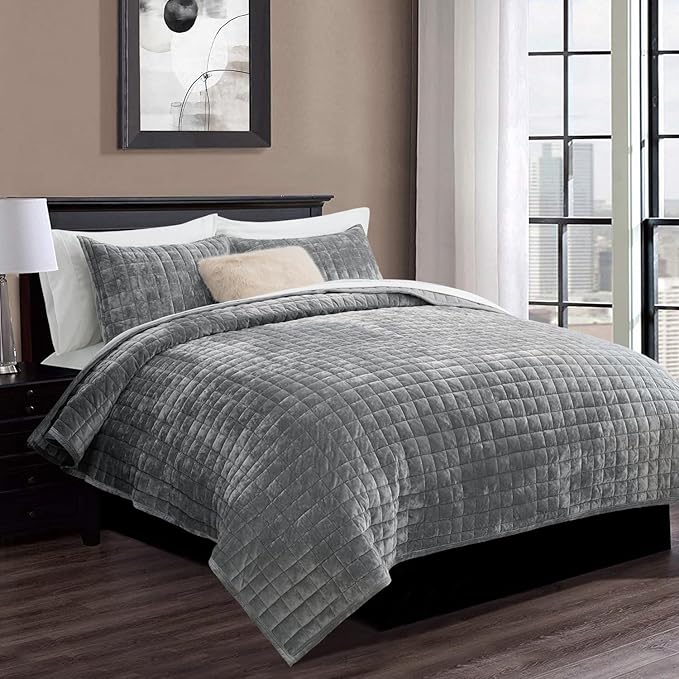 RECYCO Channel Box Stitch Velvet Quilt Set, King Size, Luxury Oversized - Image 2