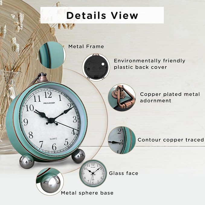 Peakeep 4" Small Battery Operated Analog Alarm Clock, Antique Retro Style | - Image 3