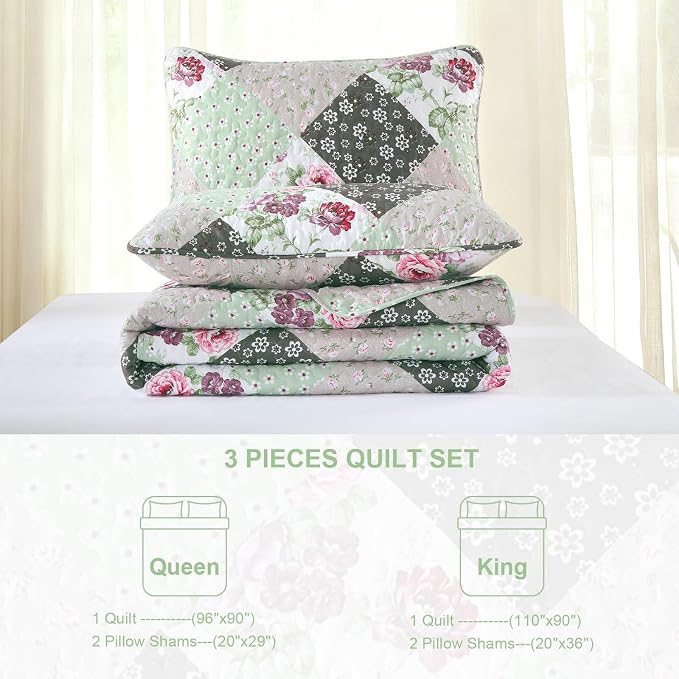 Dinjoy Boho Quilt Set King Size, Patchwork Floral Bedspreads, Reversible Summer - Image 6