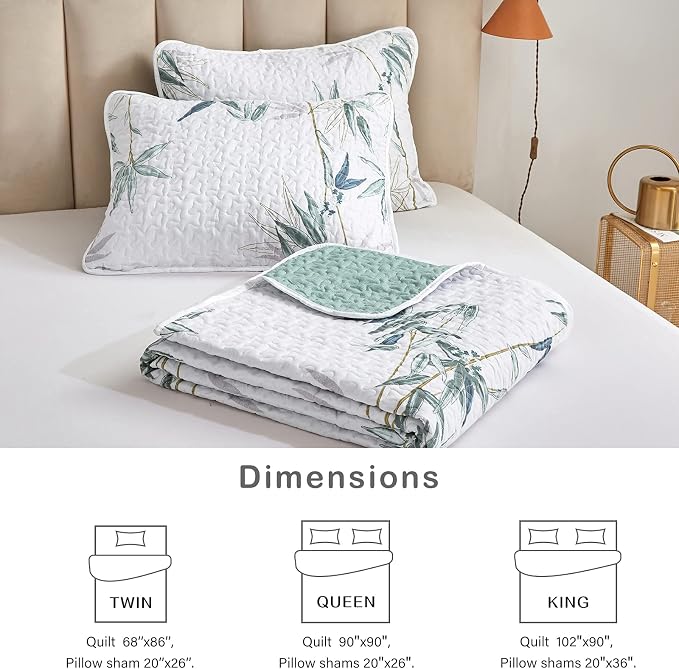 Botanical Quilt Set 3 Pieces Full/Queen Size, Soft Microfiber Lightweight Bed - Image 7