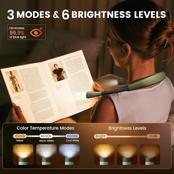 Glocusent Reading Light LED Neck Light, 80-hr Rechargeable Book Light | - Image 2