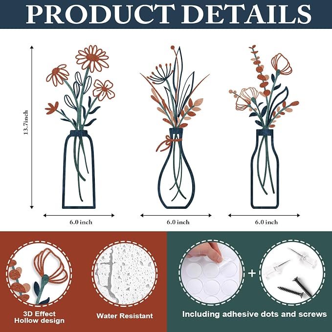 Pigort 3 Pieces Metal Flowers Wall Arts - Image 2