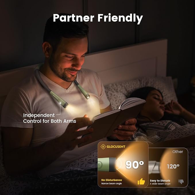 Glocusent Reading Light LED Neck Light, 80-hr Rechargeable Book Light | - Image 6