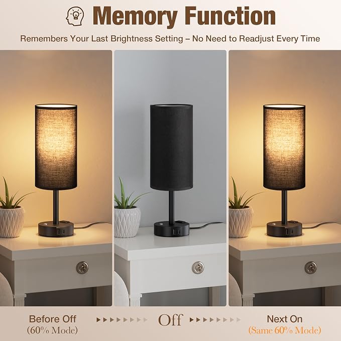 Black Touch Bedside Lamp for Bedroom, Stepless Dimmable, USB A+C, AC Outlet | - Image 3
