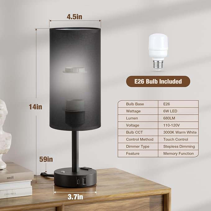 Black Touch Bedside Lamp for Bedroom, Stepless Dimmable, USB A+C, AC Outlet | - Image 6