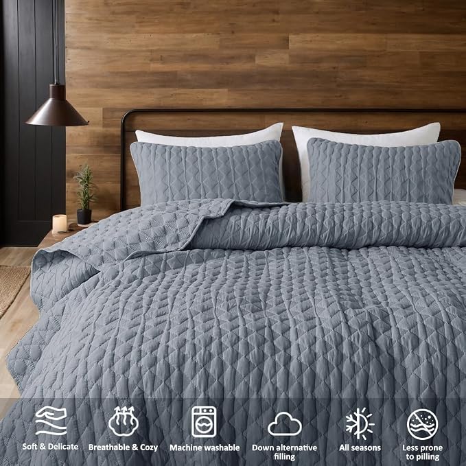 WDCOZY Blue Quilt King Size Bedding Sets - Image 5