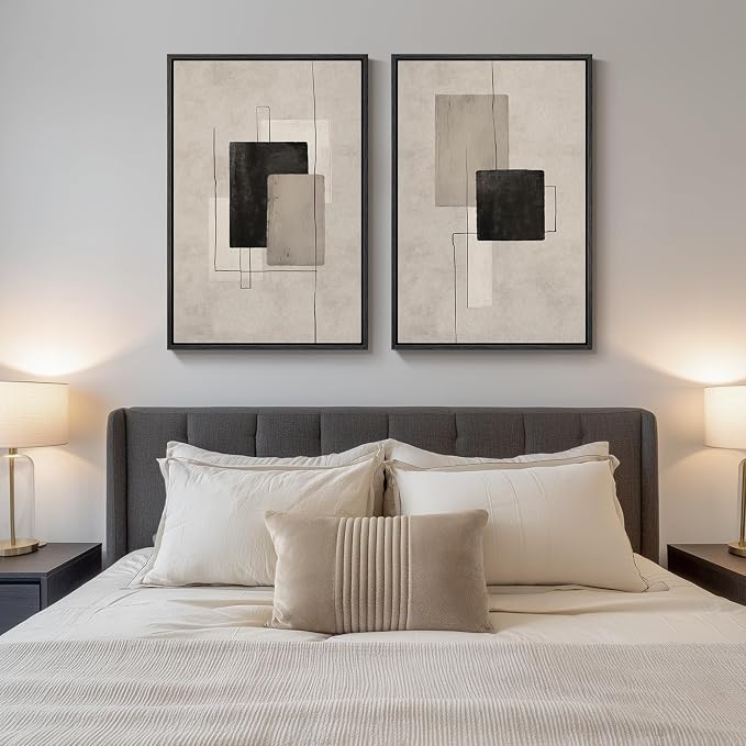 Large Framed Neutral Black Beige Abstract Wall Art - Image 4